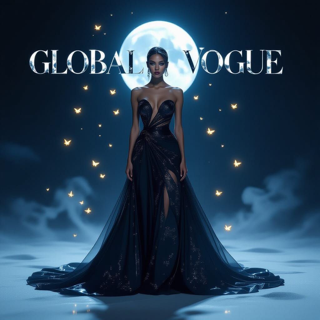 Ethereal Model in Shadow Gown with Glowing Moths