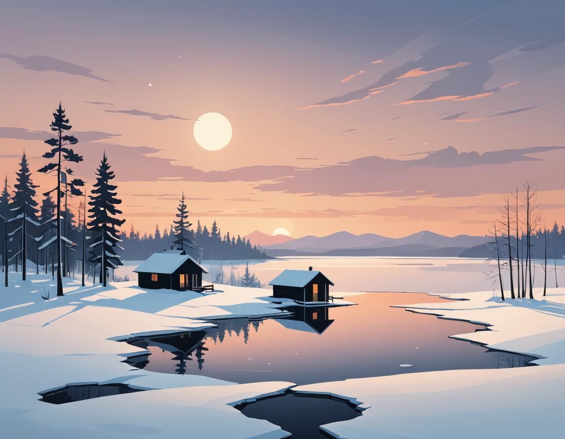 Minimalist Geometric Winter Landscape with Cabin, Anime Styl...