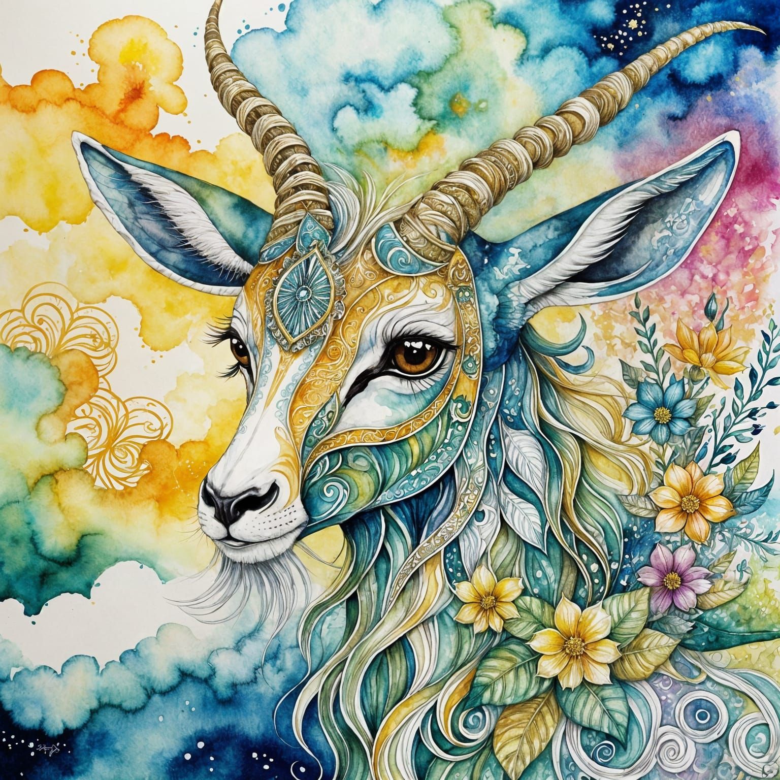 Golden Gazelle with Enchanted Filigree Coat and Flowing Mane