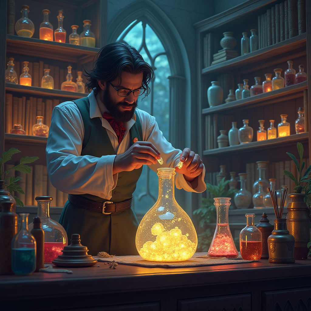 Mystical Apothecary: Pharmacist Mixing Glowing Potions