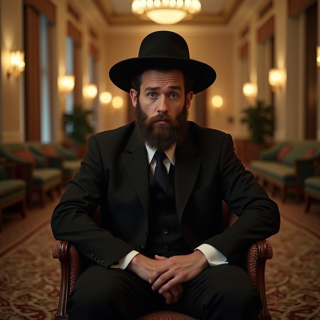 Nervous Orthodox Man in Elegant Hotel Lobby