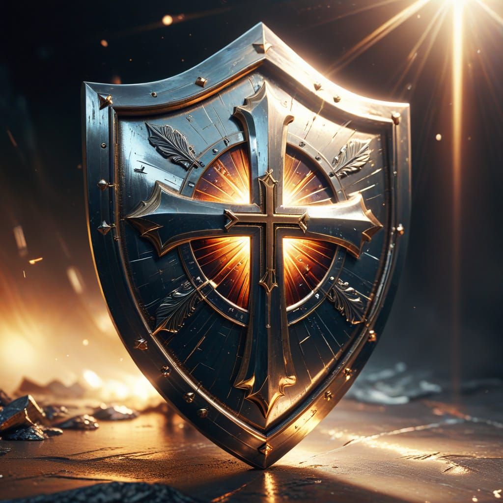 Giant Silver Shield with Cross in Hypersurreal Style