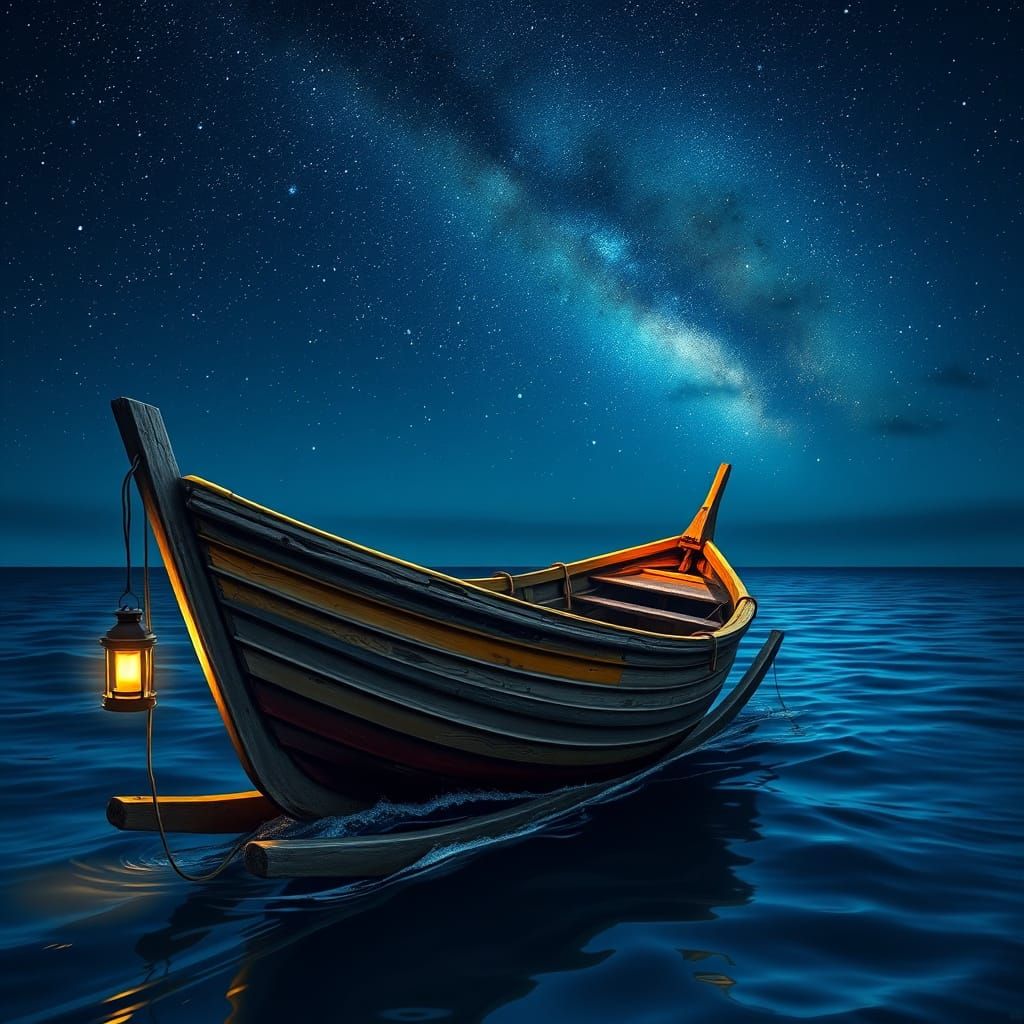 Starry Night Fishing Boat in Hyperrealism Style