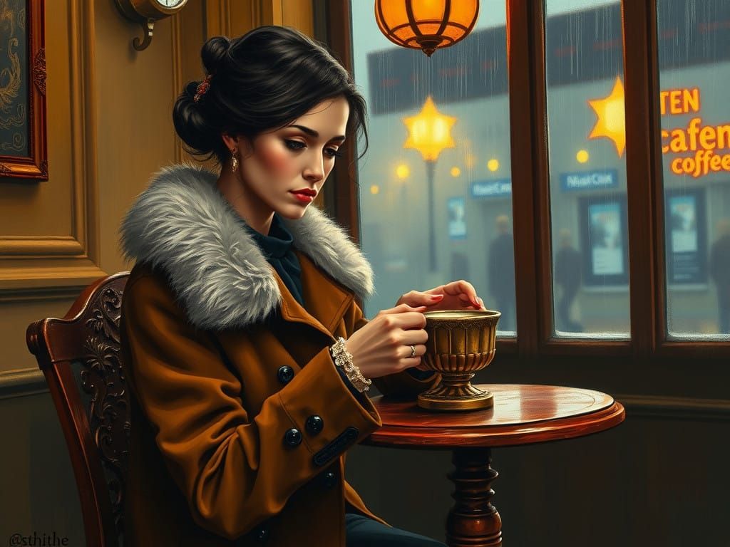 Woman Lost in Thought in a Bustling Night Café