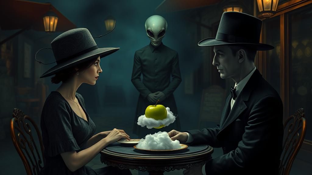 Surreal Cafe Scene with Alien Waiter