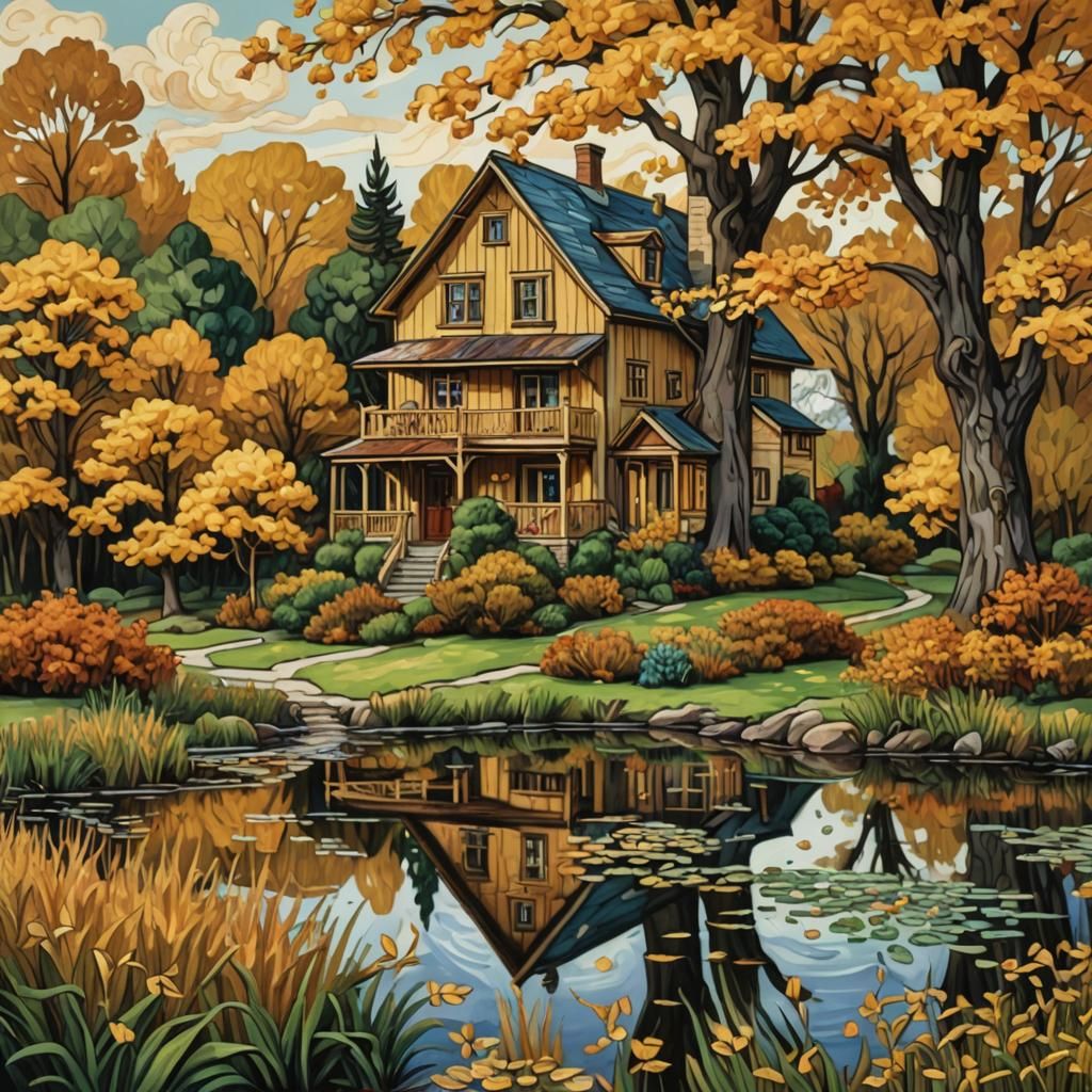 Golden Pond House: Art Nouveau Pixel Art