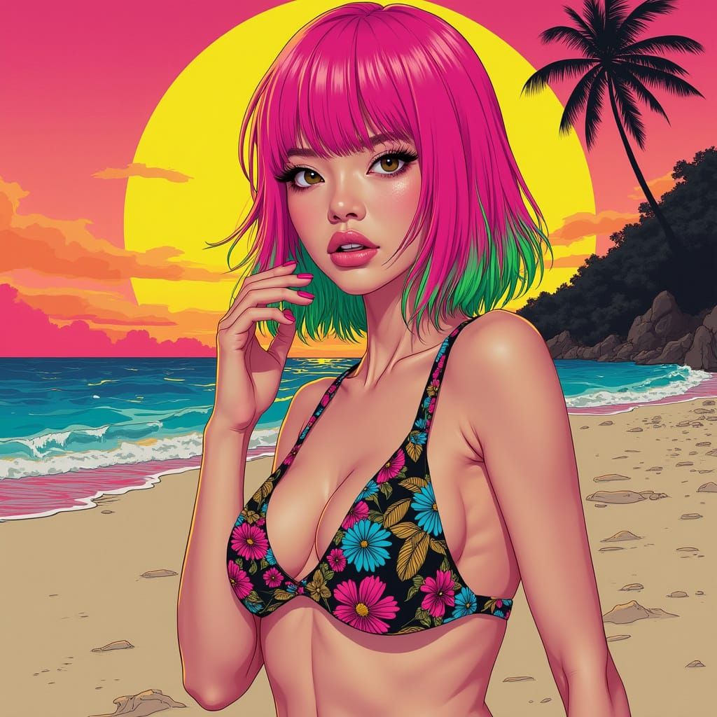 Japanese Woman with Pink Hair in Psychedelic Art Style