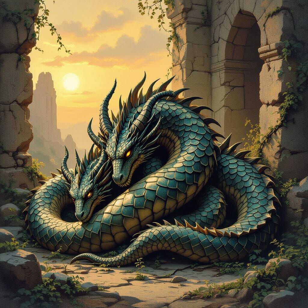 Multi-Headed Hydra Slumbering in Ancient Ruins