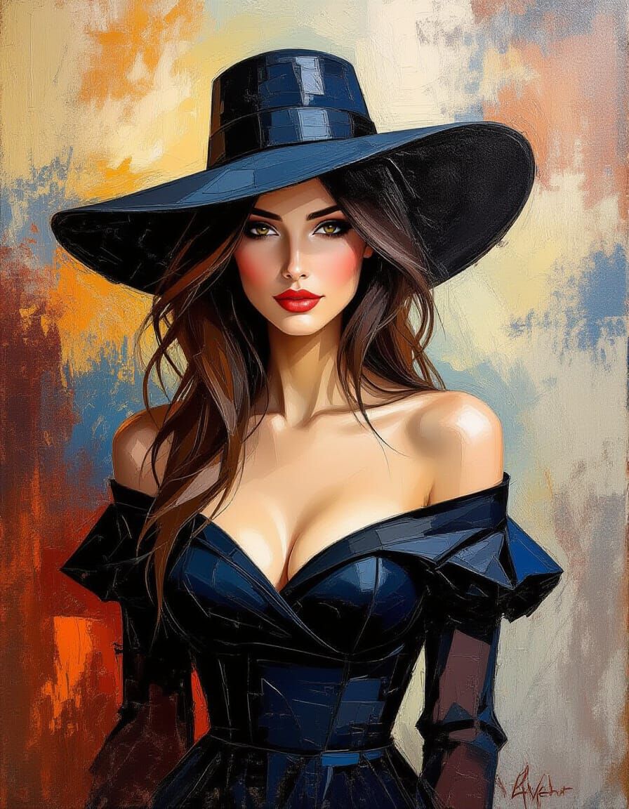 Abstract Woman in Black Hat, Impasto Oil Painting