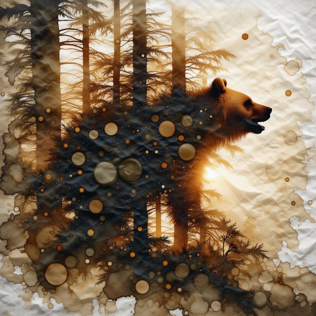 Grizzly Bear and Forest Double Exposure Surrealist Painting