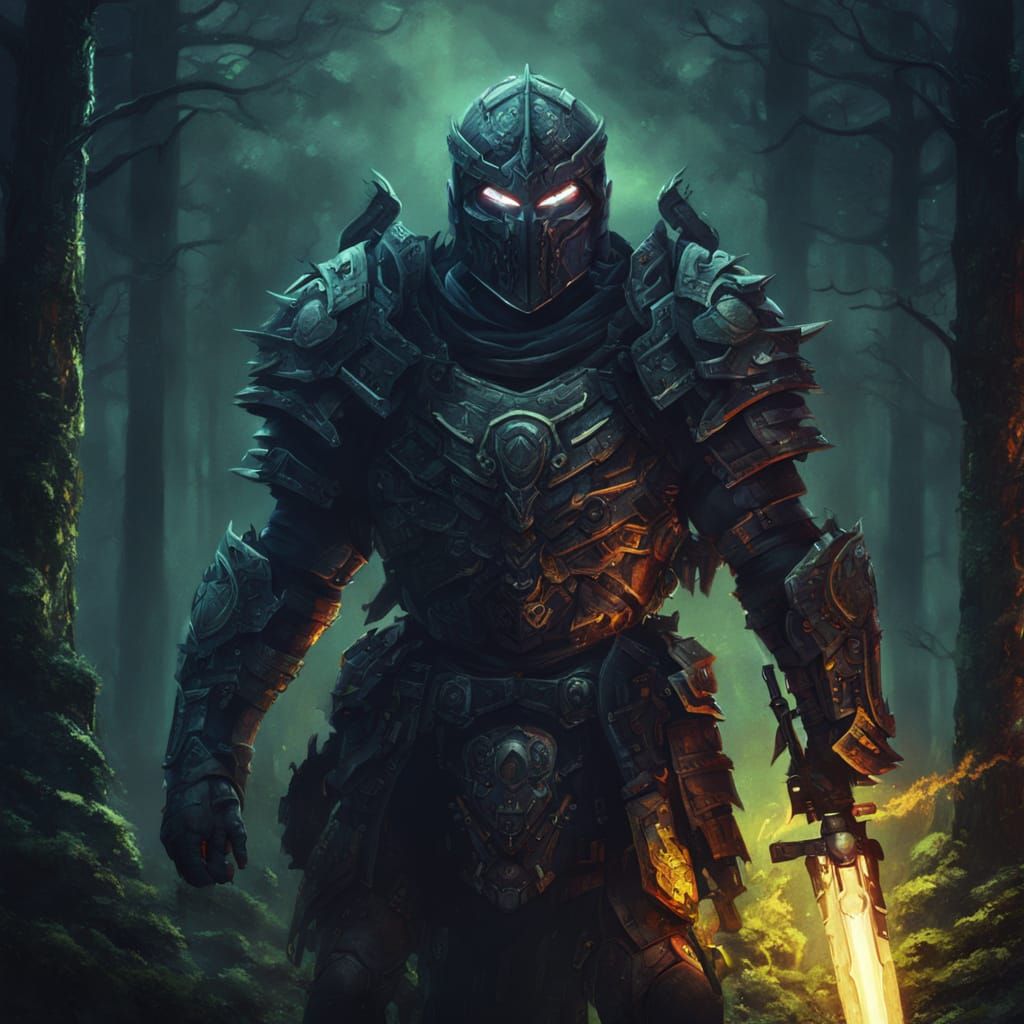 Warrior in Dark Forest Oil Painting