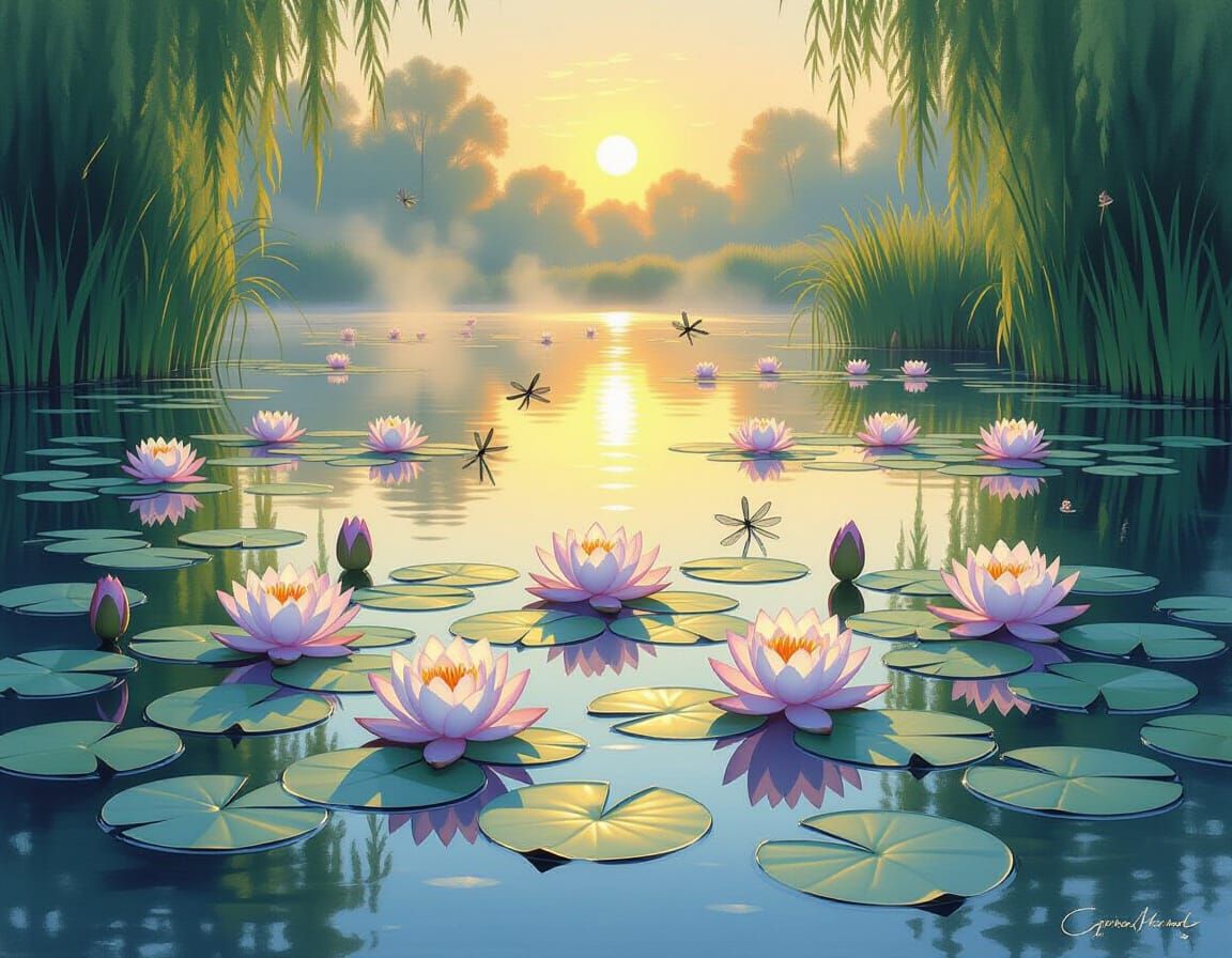 Serene Lily Pond at Sunrise, Painterly Style
