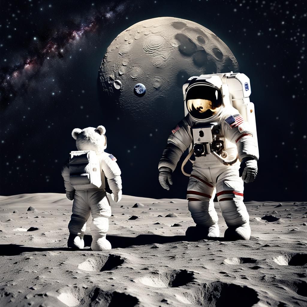 Astronaut and Giant Teddy Bear on the Moon