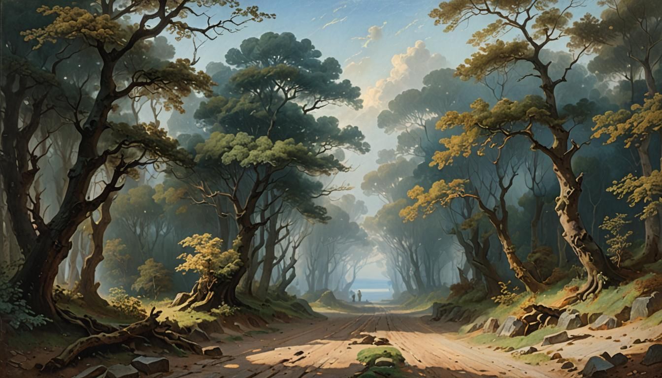Cobblestone Road Through Forest with Sea View