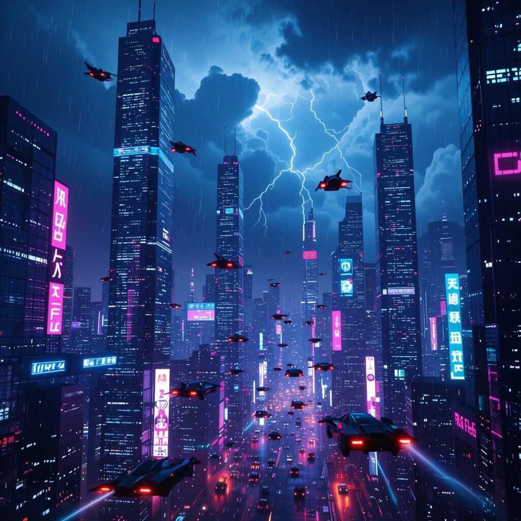 Futuristic Cityscape At Night With Neon Lights And Flying Ca...