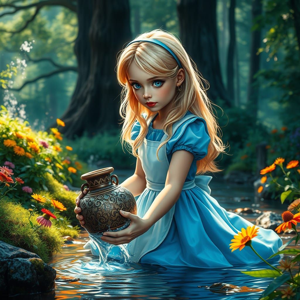 Serene Forest Stream Scene in Hyperrealistic Style