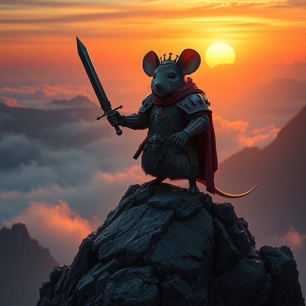 Regal Mouse Standing Heroically on Mountain Peak at Sunset