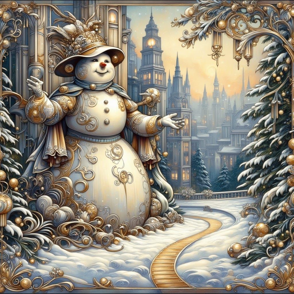 <lora:Art deco nouveau 2:1.0> a golden Christmas snowman standing in a magical enchanting winter wonderland