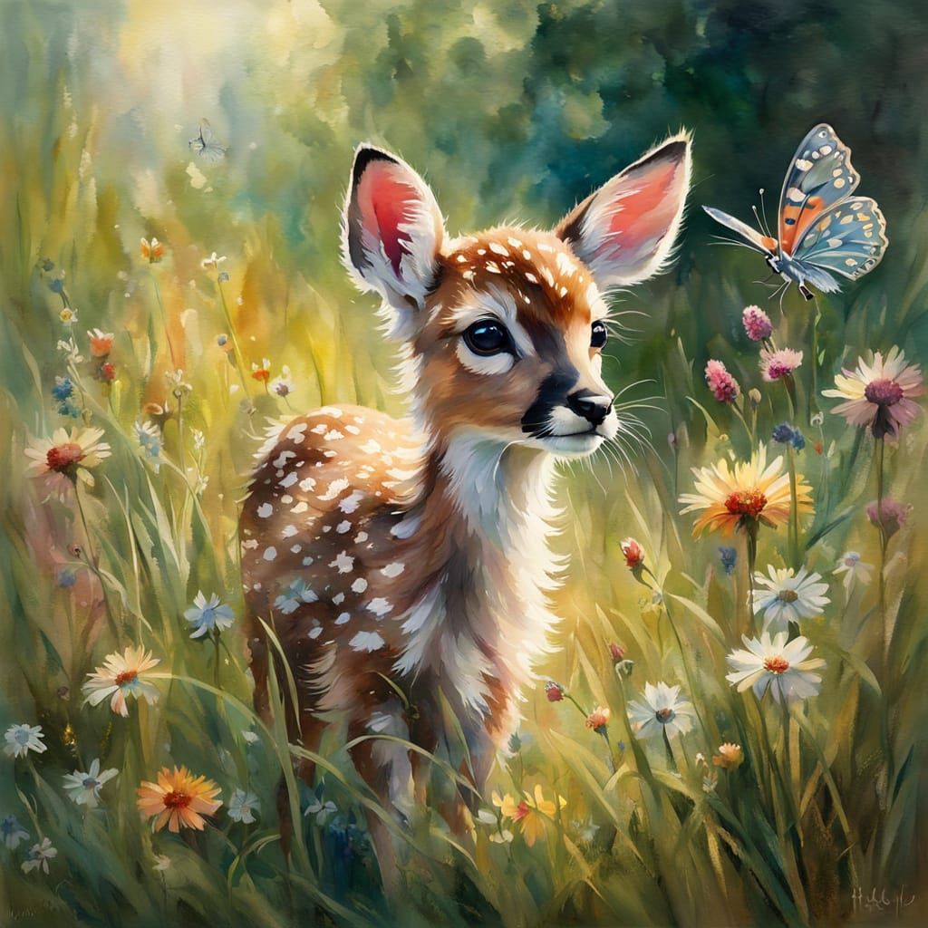 Whimsical Fawn and Kitten in Watercolor Meadow