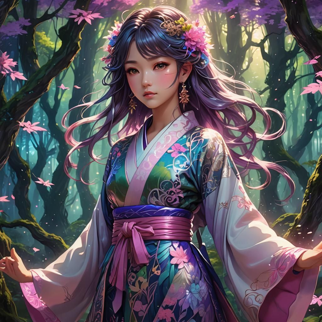 Anime Girl in Mystical Forest: Digital Art Masterpiece