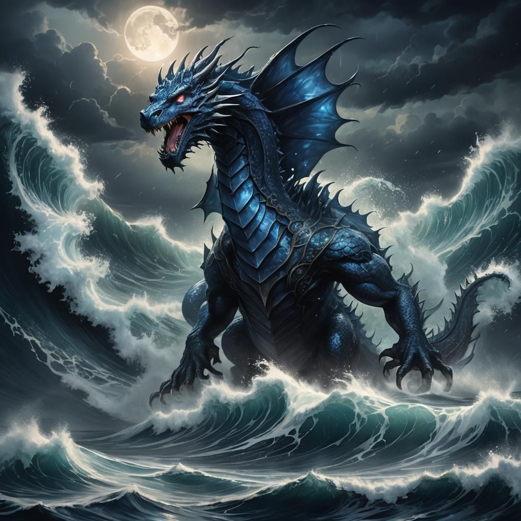 Titanic Sapphire Dragon Emerges from Stormy Ocean