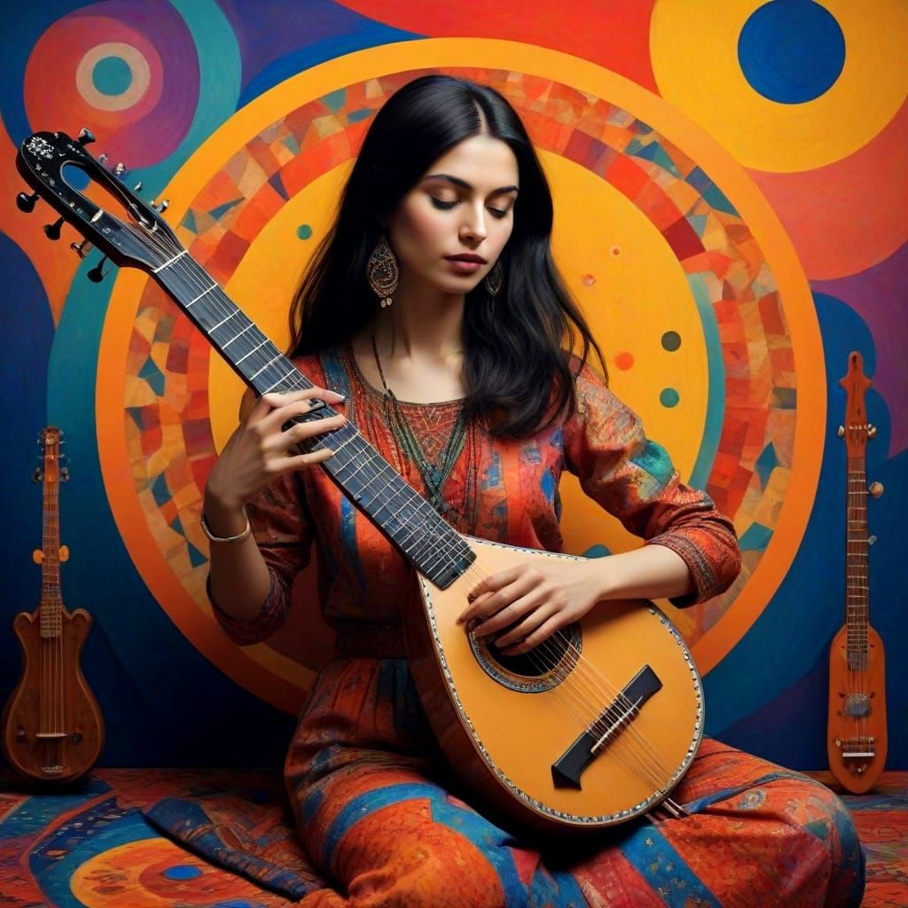 Woman Playing Sitar in Abstract Expressionist Style