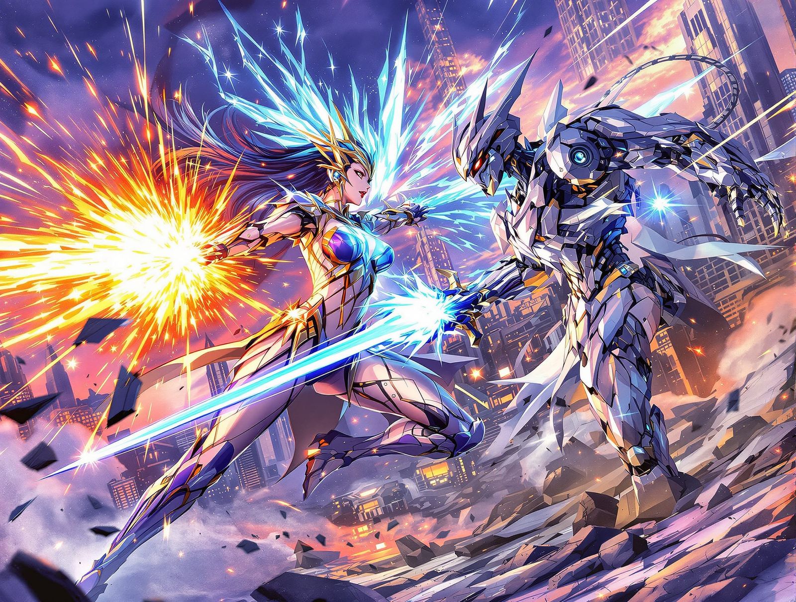 Anime Warrior Battles Robot in Futuristic City