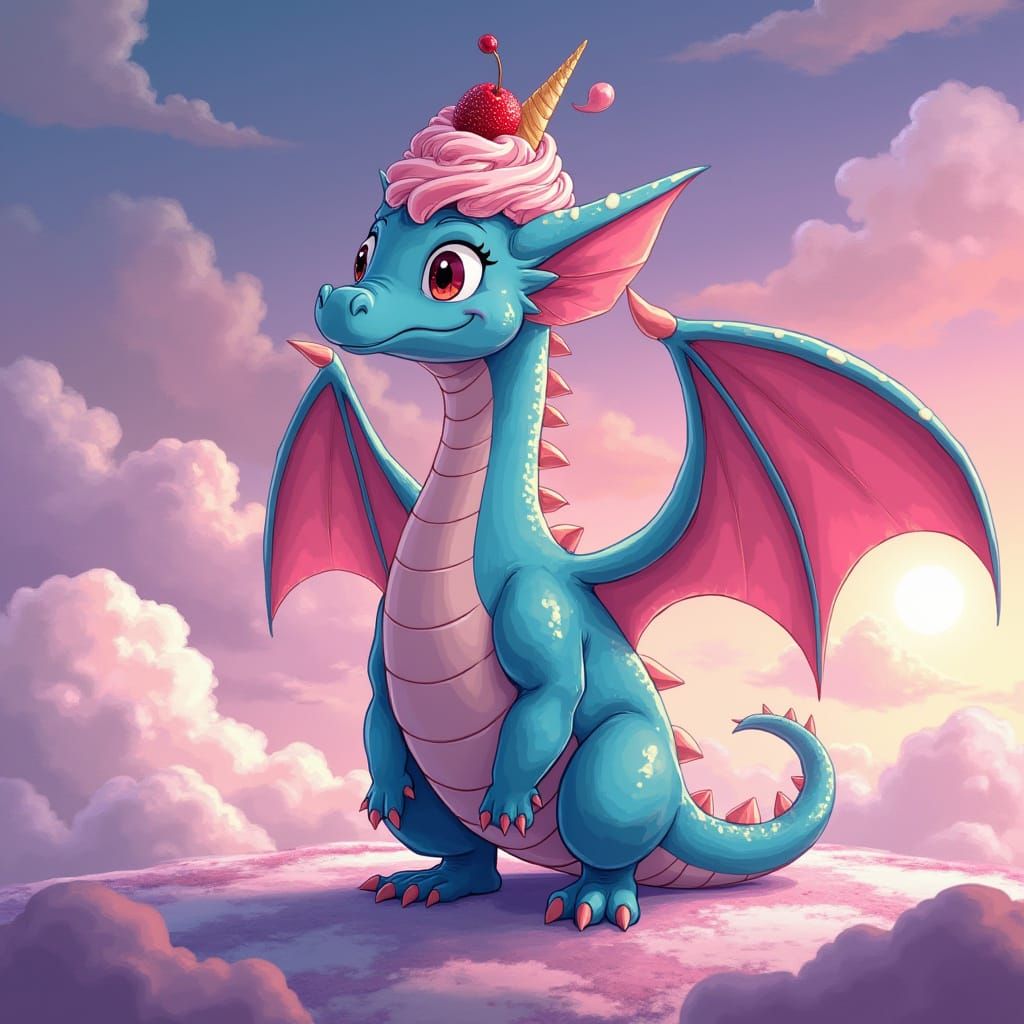 Majestic Ice Cream Dragon in Cel-Shaded Manga Style
