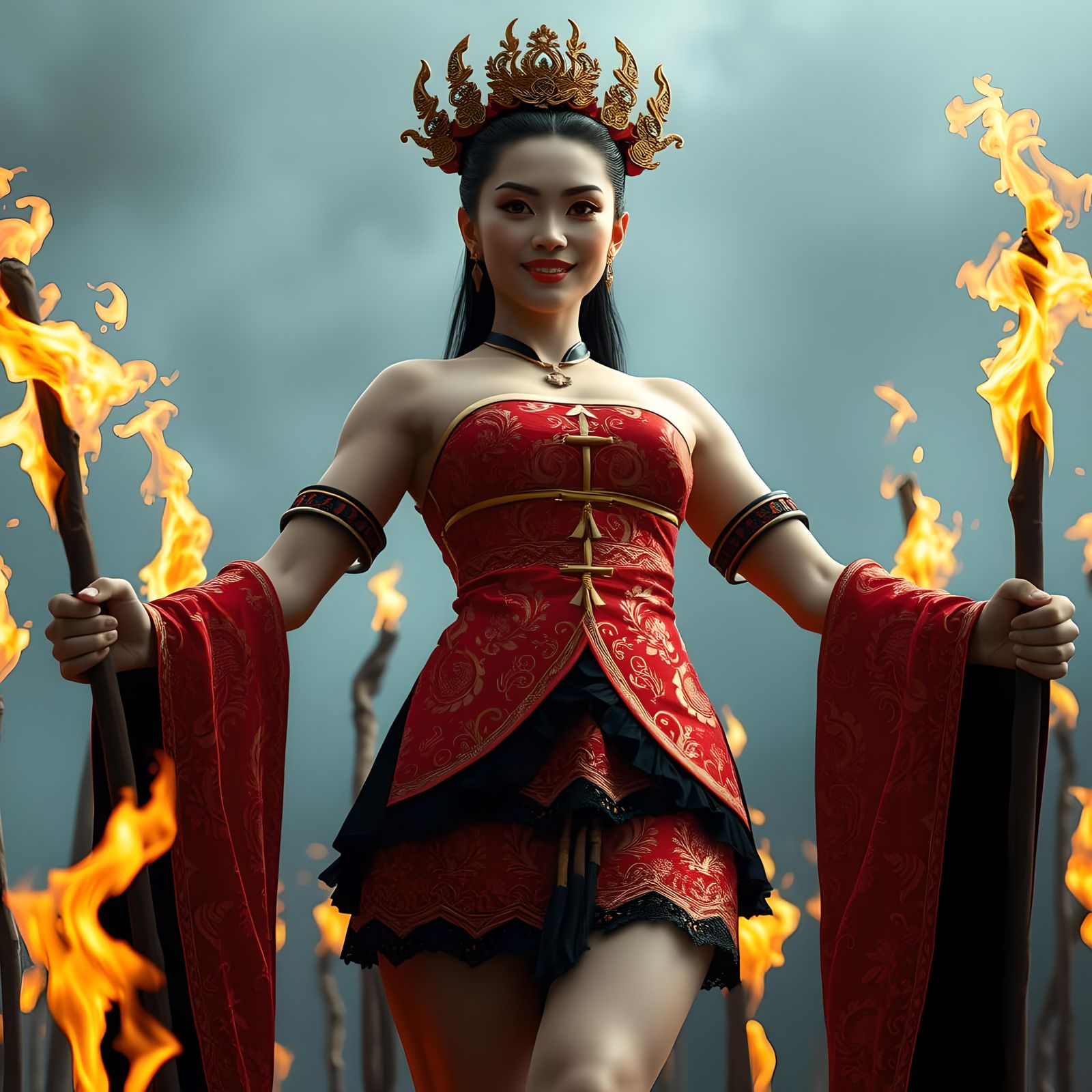Giant Fire Goddess Queen with Burning Stakes