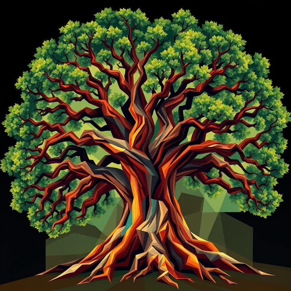Majestic Cubist Oak Tree in Art Deco Fauvist Style