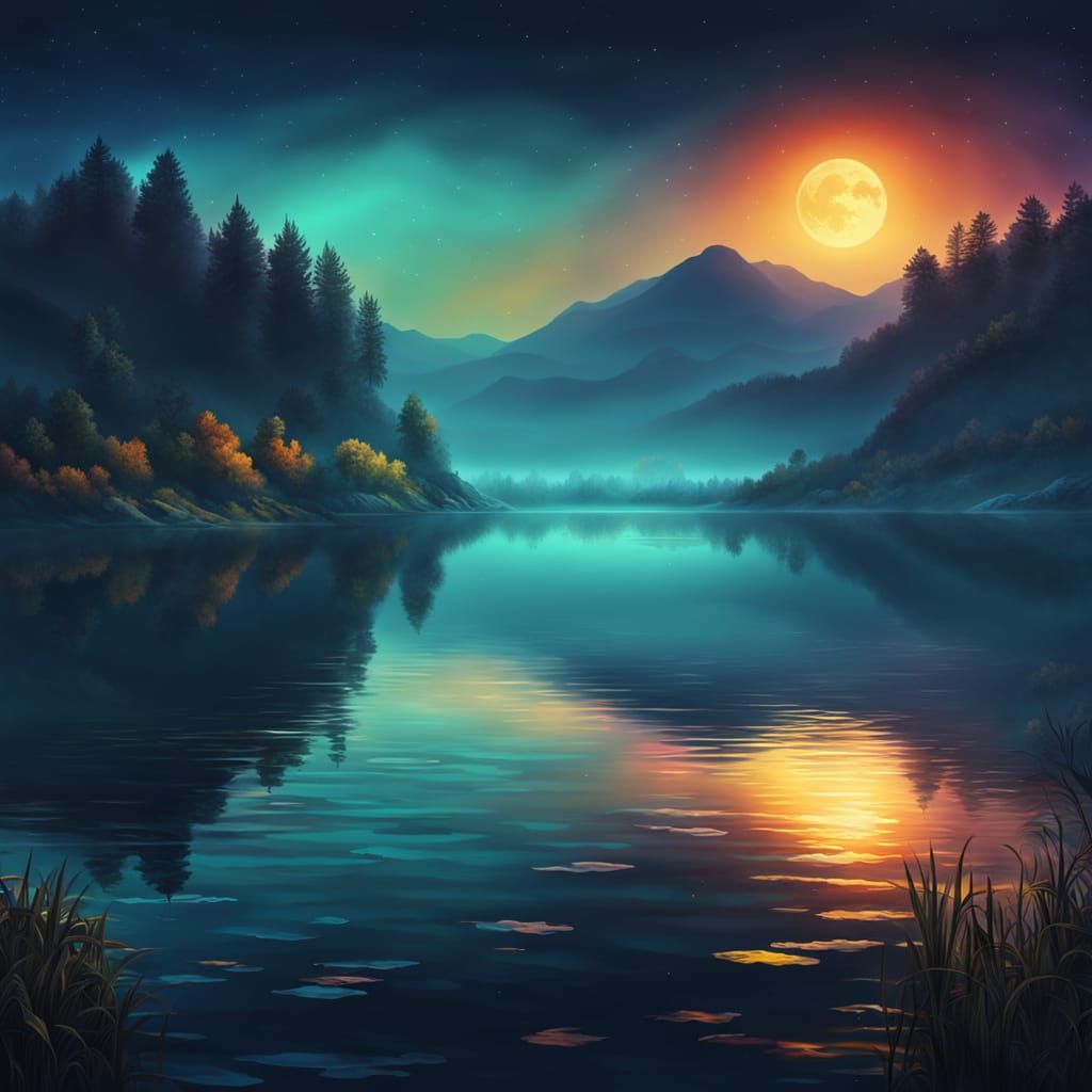 Mystical Night Lake: A Surreal Oil Painting