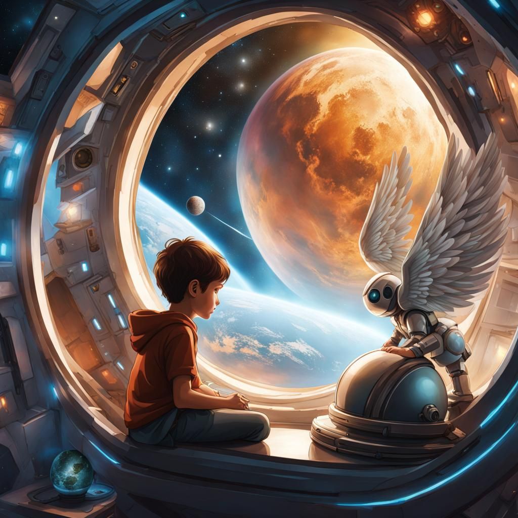 Boy and Angel in Space Pod Overlooking Earth