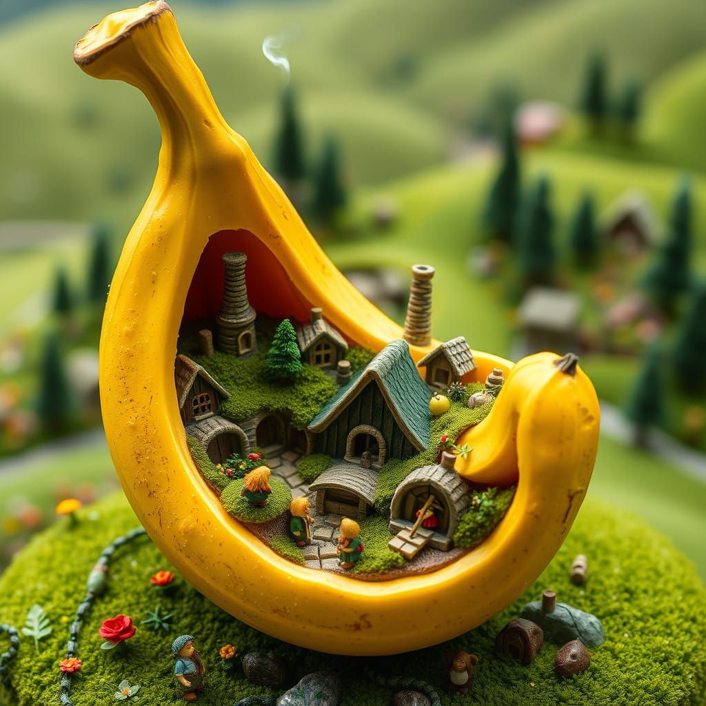 A miniature hobbit's cottages on giant banana