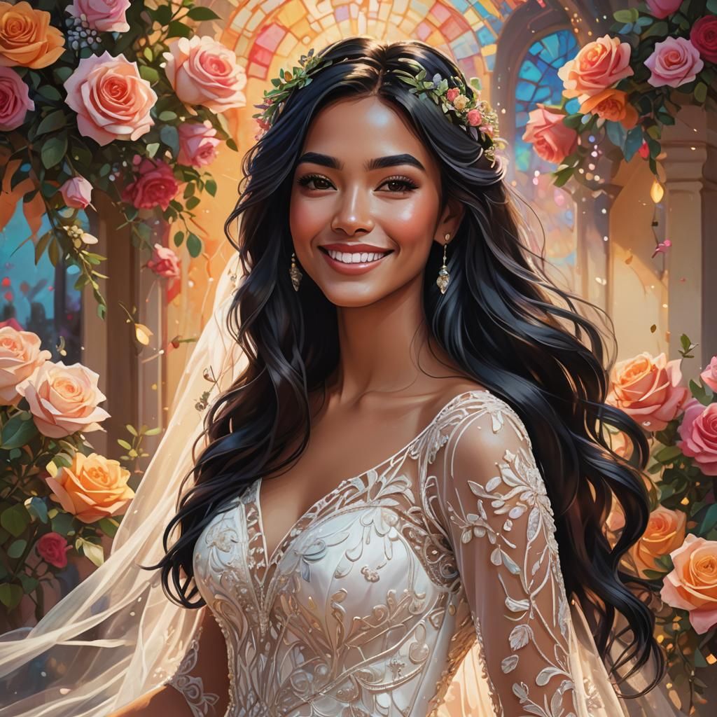 Smiling Bride in White Dress: Hyperrealistic Concept Art