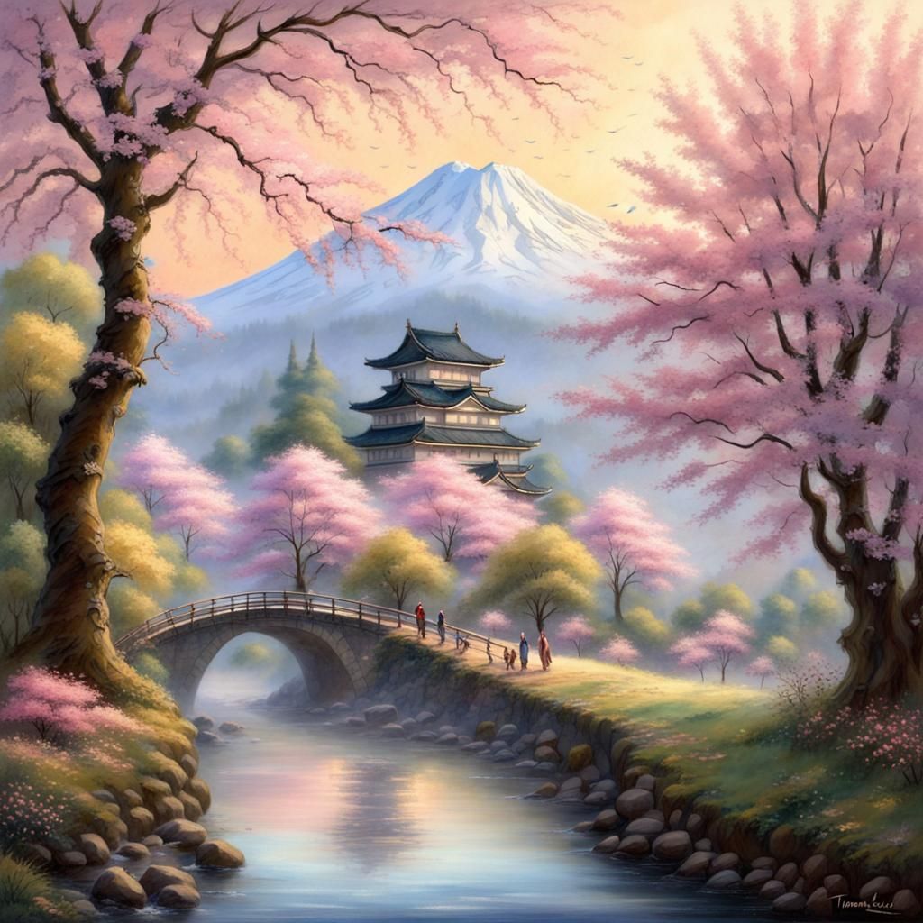 Cherry Blossom Rain on a Japanese Stream