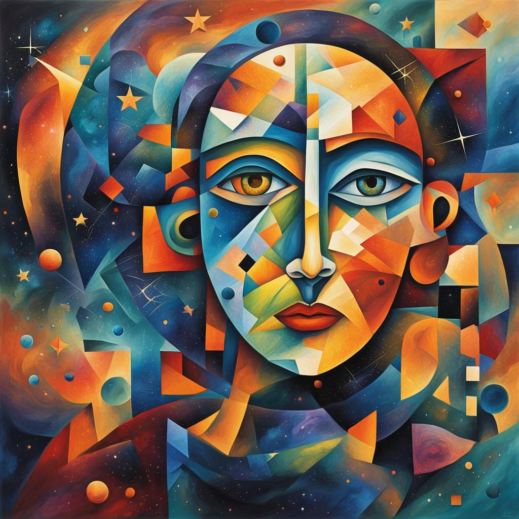 Abstract Cubist Portrait: Interconnected Galaxies in Bauhaus...