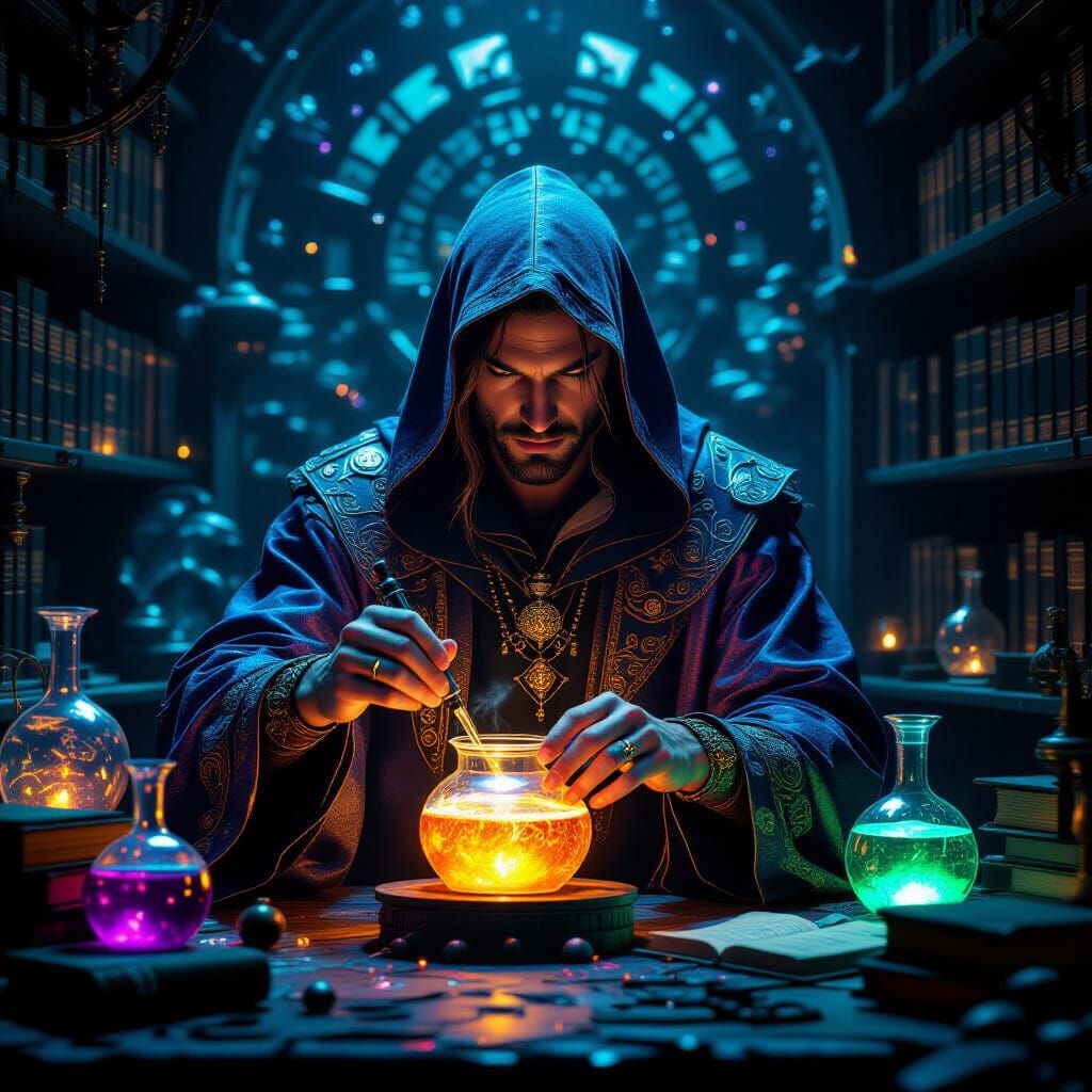 Magical Alchemist Mixing Glowing Potions in Ancient Lab