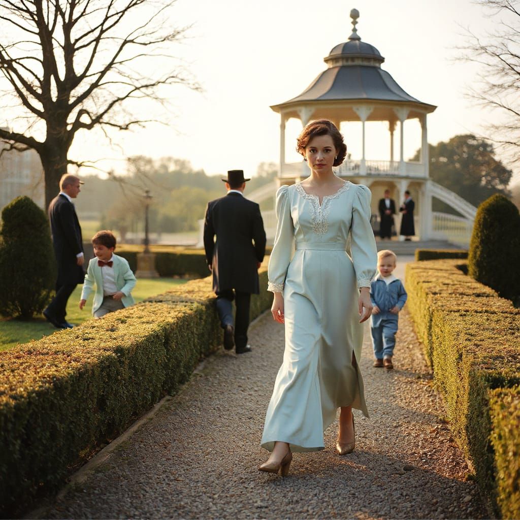 Victorian Family Stroll in a Park, Golden Light
