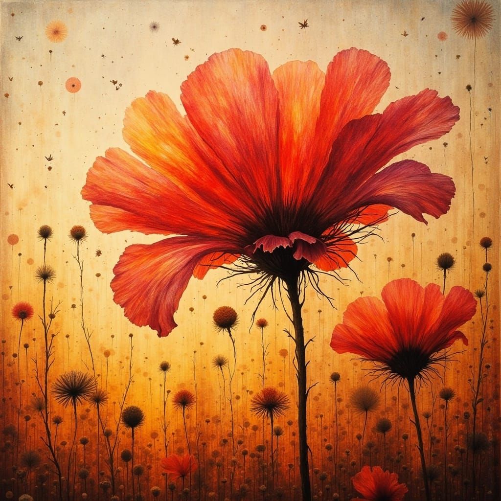 Tall Red Flower in Dreamy Monotype Print Style