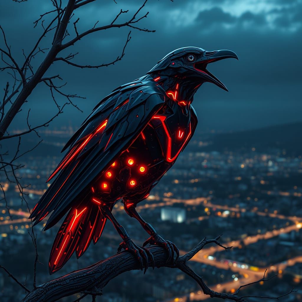 Cybernetic Raven in Neon Glory