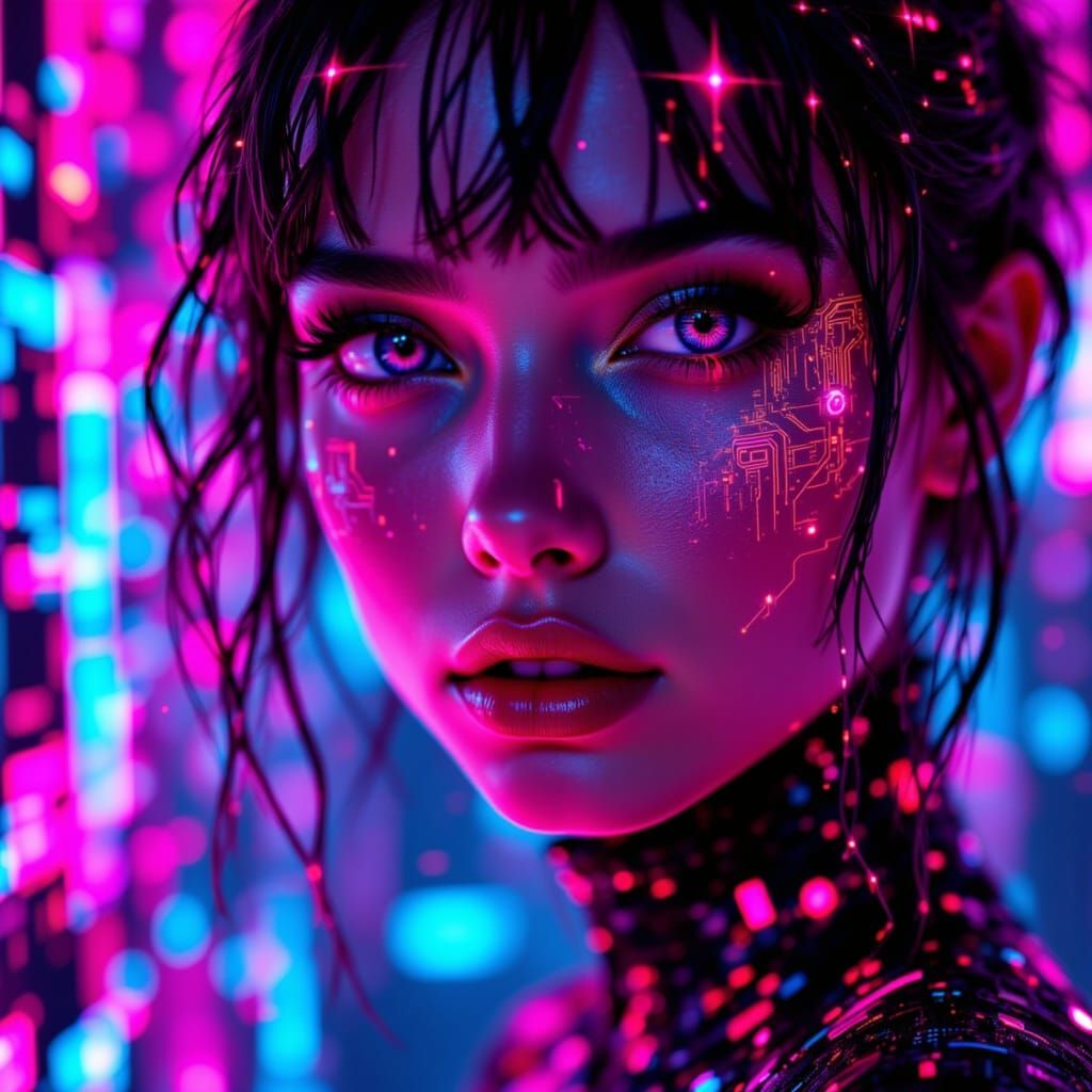 Cyberpunk Woman with Neon Lights and Circuitry