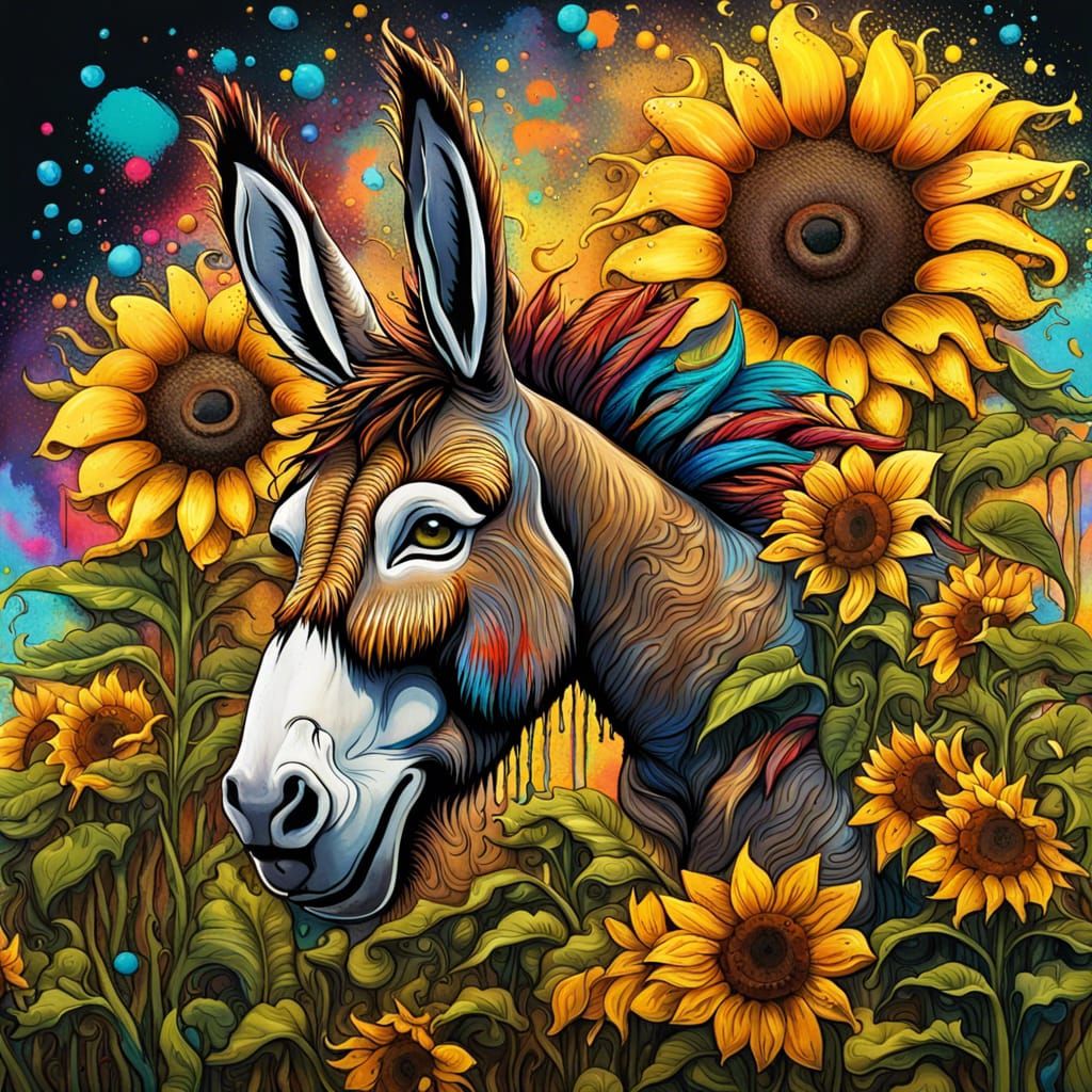 Donkey in Enchanted Sunflower Field: Graffiti Art