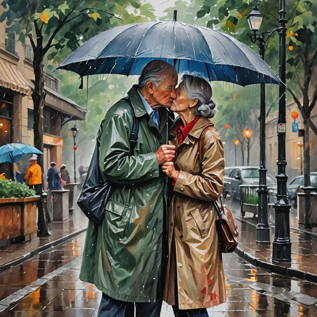 Romantic Old Couple Kissing in Gouache Watercolor Style