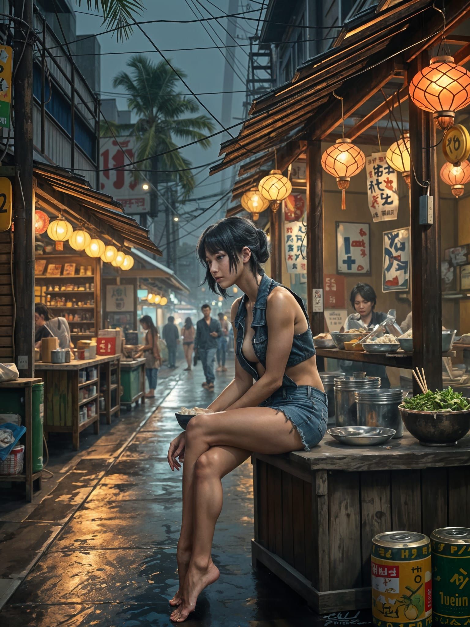Anime Woman at Night Market, Digital Oil Painting