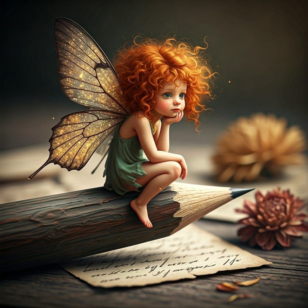 Whimsical Fairy on Pencil Tip in Dreamy Setting