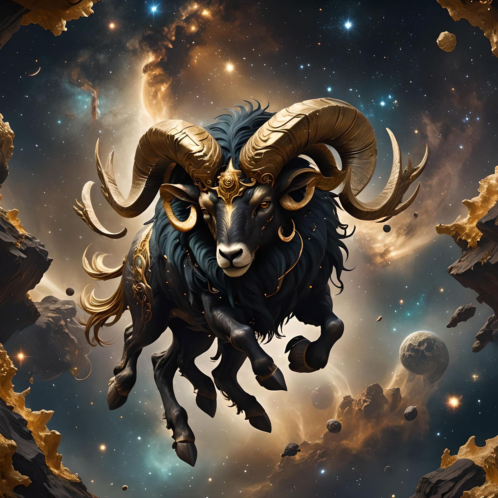 Celestial Ram Soars Through Cosmos: Fantasy Concept Art