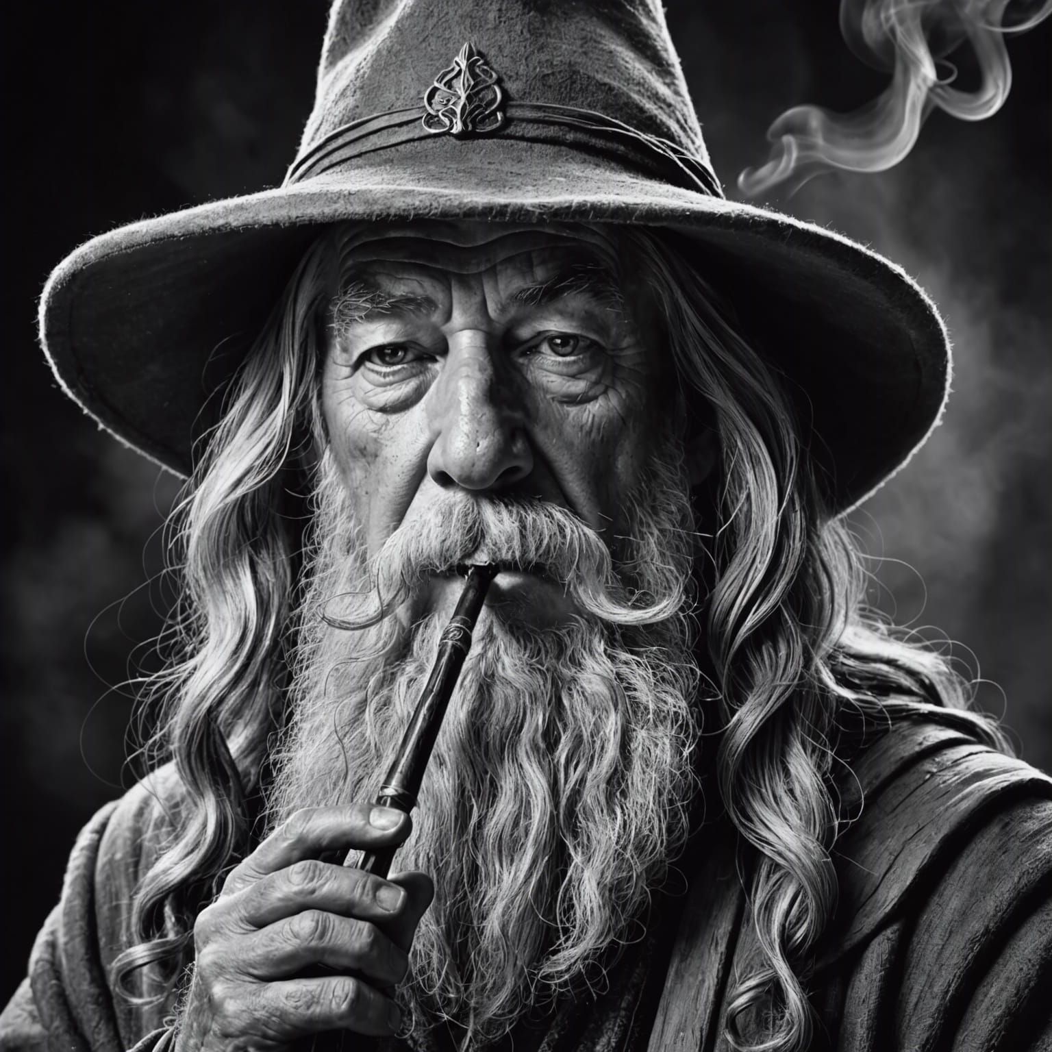Gandalf Portrait in Black and White, Hyperrealistic Art