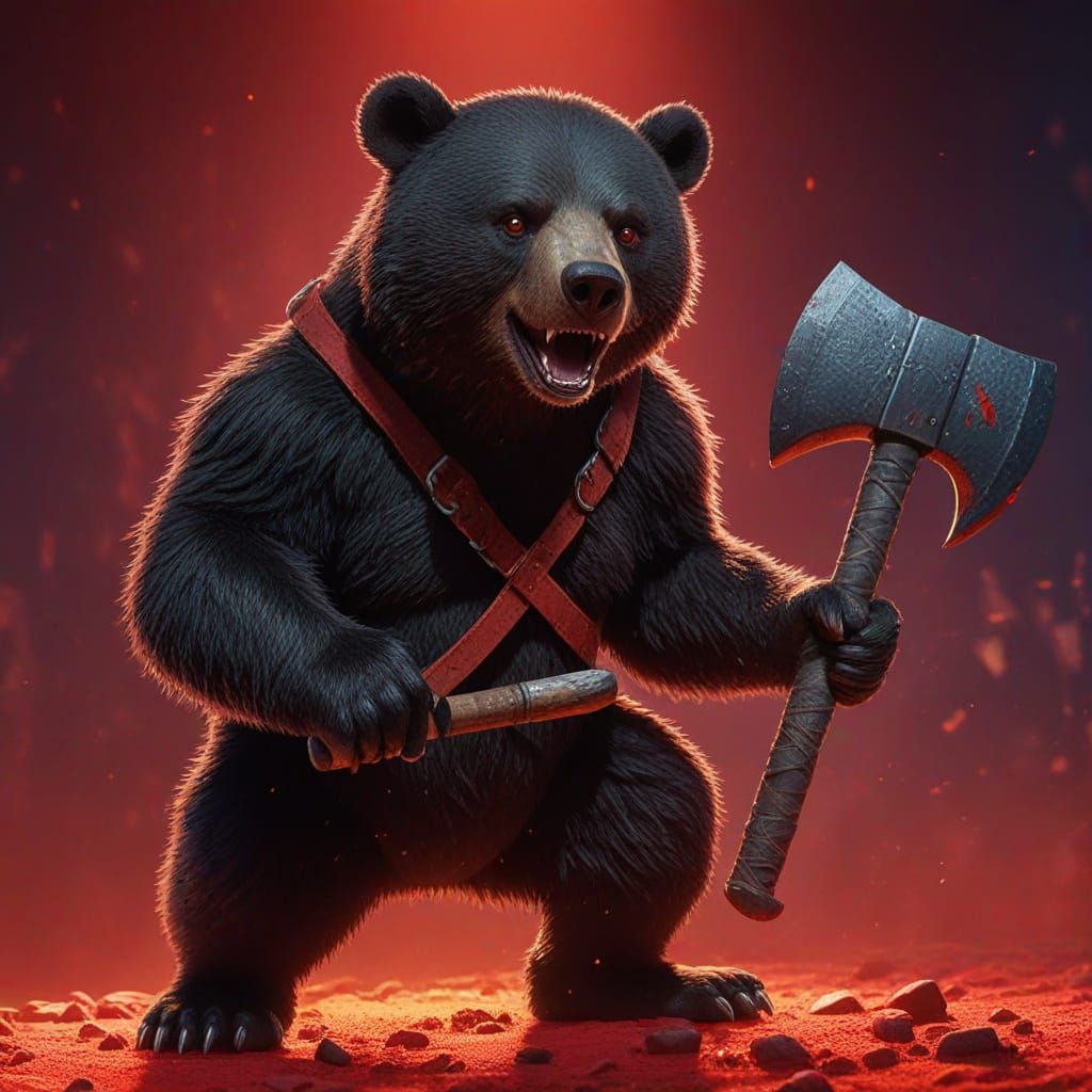 Plush Bear With Axe in Cinematic Pixar Style