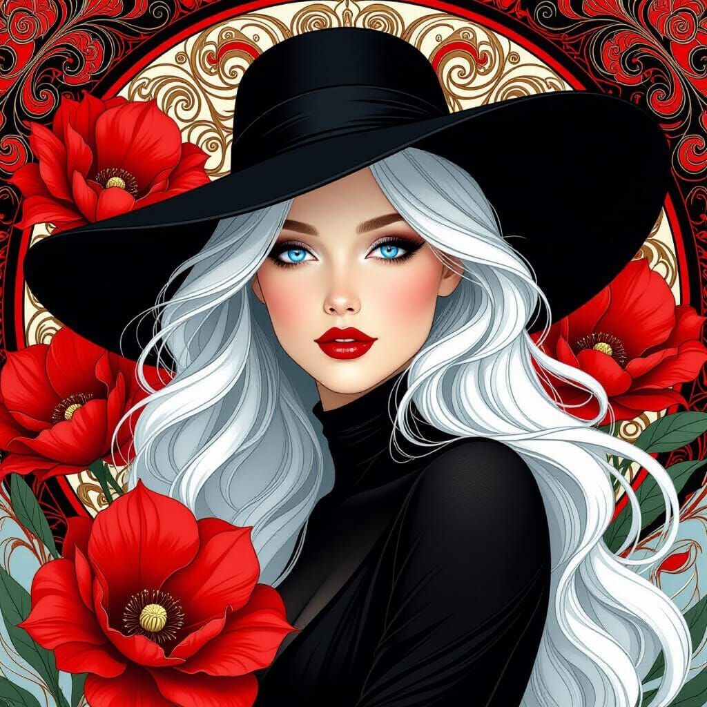 Elegant Woman with Red Flowers in Art Nouveau Style