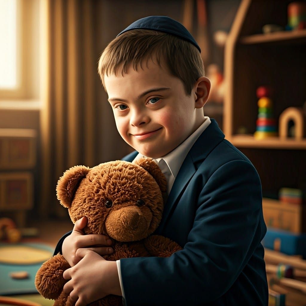 Boy with Down Syndrome Hugs Teddy Bear